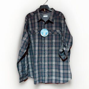 Columbia Omni Shade Shirt Men's XXL UPF 30 Plaid Gray Brown Roll Tab Sleeve NEW